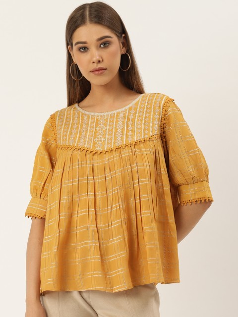 

Label Ritu Kumar Women Mustard Yellow & Golden Checked A-Line Top