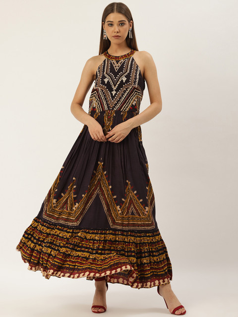 

Label Ritu Kumar Women Black & Mustard Brown Bohemian Print Maxi Dress