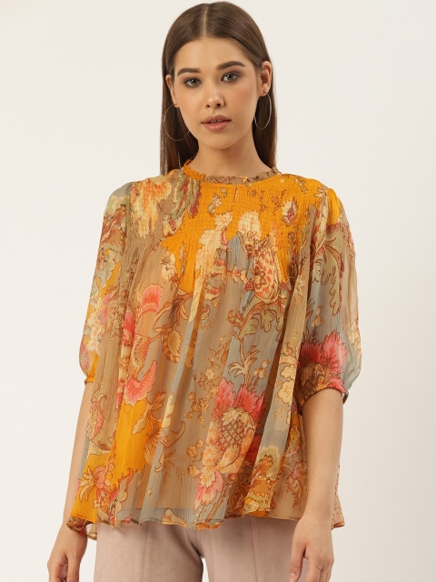 

Label Ritu Kumar Women Mustard Yellow & Grey Smocked Printed A-Line Top