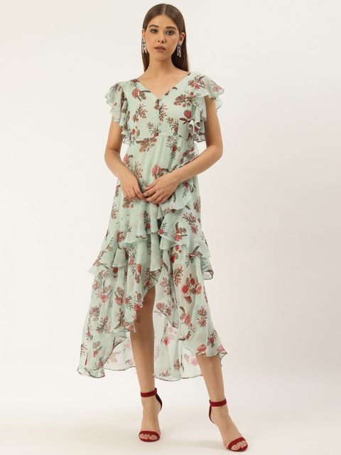 

Label Ritu Kumar Women Blue & Pink Floral Print Ruffled Maxi Dress
