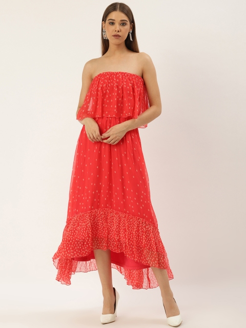 

Label Ritu Kumar Women Coral Red & White Strapless Layered Printed Maxi Dress