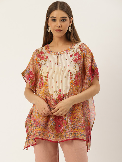 

Label Ritu Kumar Women Off-White & Mustard Yellow Printed Kaftan Top