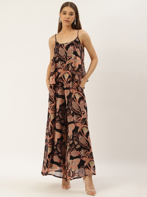 

Label Ritu Kumar Women Black & Peach-Coloured Layered Printed Flared Jumpsuit