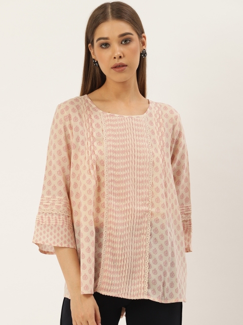 

Label Ritu Kumar Women Off-White Pink Printed Pintucks Top