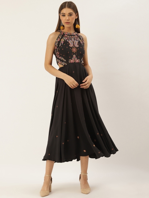 

Label Ritu Kumar Women Charcoal Grey Embroidered A-Line Dress