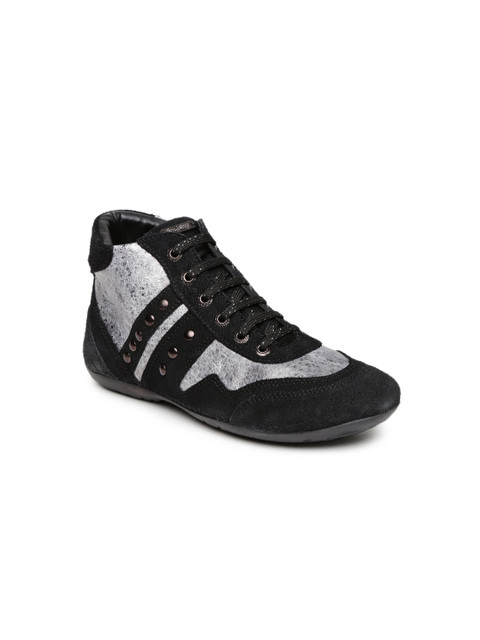 

Roadster Women Black & Silver-Toned Leather High-Top Sneakers