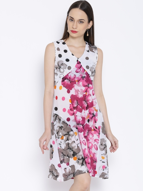 

Rain & Rainbow White & Pink Printed A-Line Dress