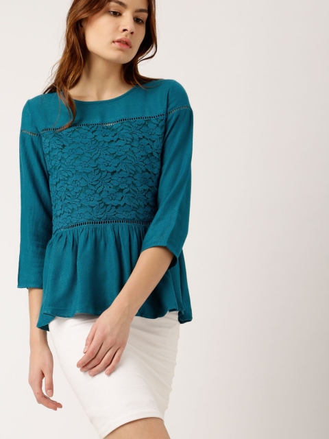 

all about you Teal Blue Self-Design Boxy Peplum Top