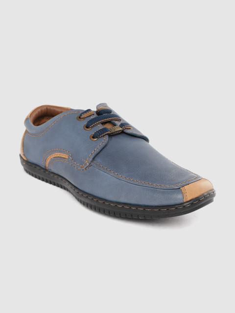 

Egoss Men Navy Blue & Tab Brown Leather Solid Derbys