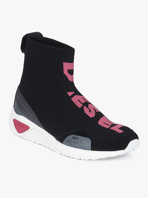 

DIESEL Women Black Woven Design Synthetic Patent High-Top Slip-On Sneakers