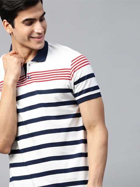 

Mast & Harbour Men White & Navy Blue Striped Polo Collar T-shirt