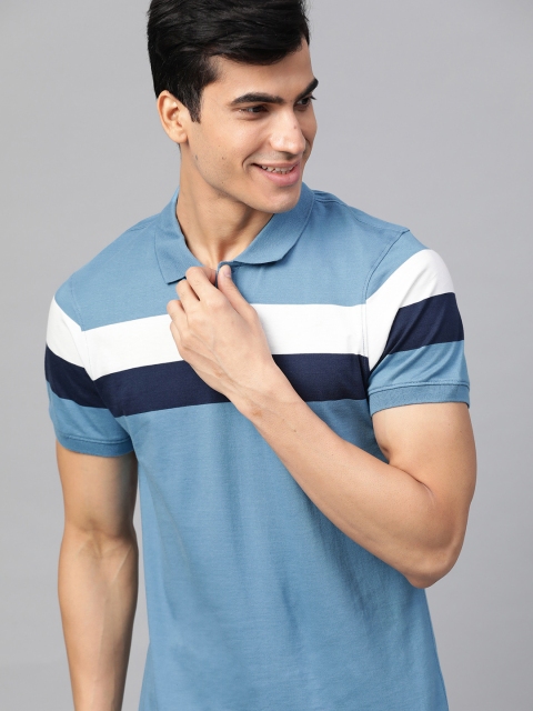 

Mast & Harbour Men Blue & White Striped Polo Collar T-shirt