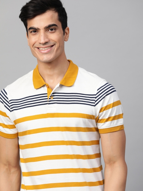 

Mast & Harbour Men White & Mustard Yellow Striped Polo Collar T-shirt