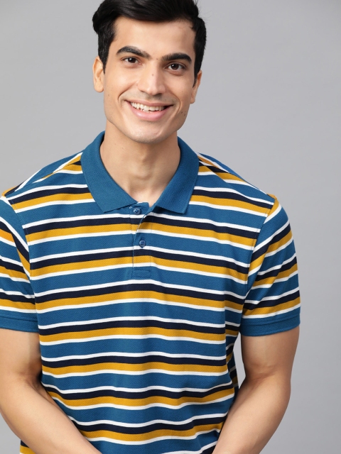 

Mast & Harbour Men Blue & Mustard Yellow Striped Polo Collar T-shirt
