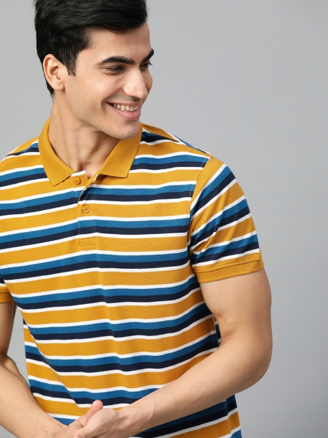 

Mast & Harbour Men Mustard Yellow & Blue Striped Polo Collar T-shirt