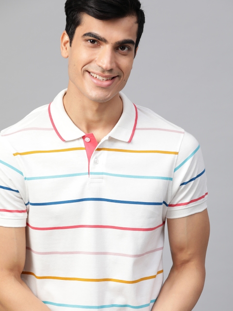 

Mast & Harbour Men White & Blue Striped Polo Collar T-shirt