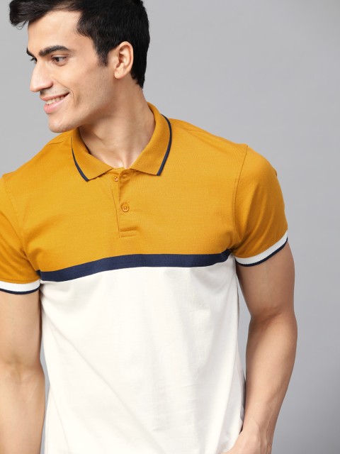 

Mast & Harbour Men Mustard Yellow & White Colourblocked Polo Collar T-shirt