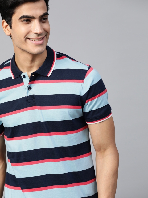 

Mast & Harbour Men Blue & Pink Striped Polo Collar T-shirt