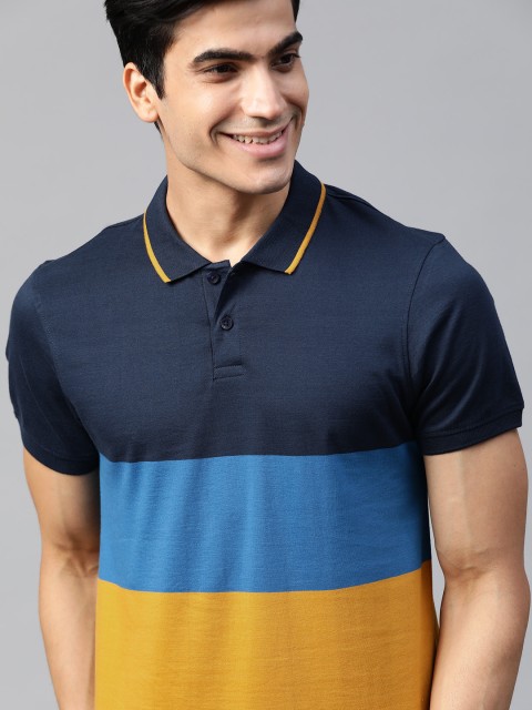 

Mast & Harbour Men Mustard Yellow & Blue Colourblocked Polo Collar T-shirt