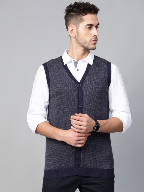 

Louis Philippe Men Navy Blue & Grey Self Design Cardigan