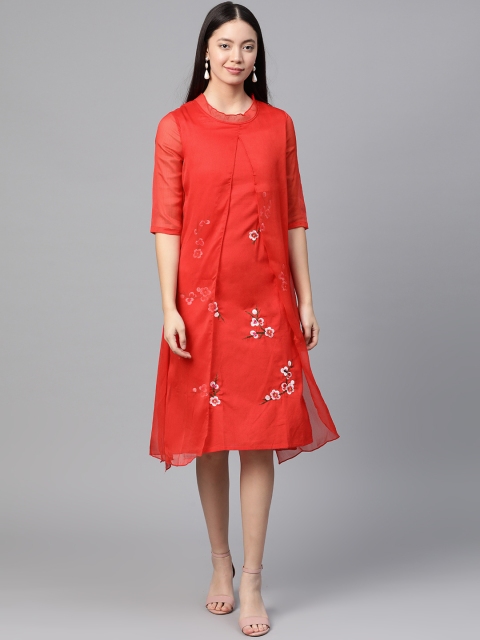 

JC Collection Women Red Layered Floral Embroidered A-Line Dress