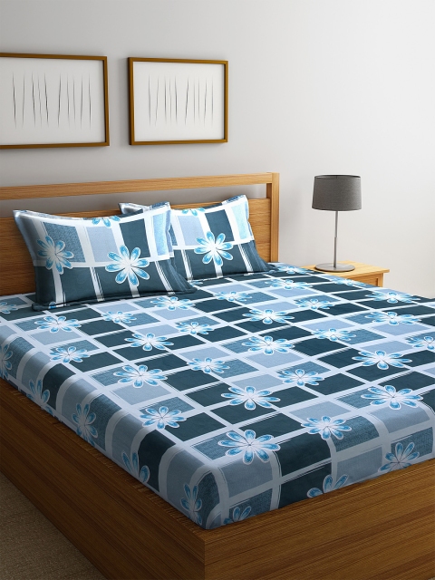 

Home Sizzler Blue & Off-White Floral 144 TC Cotton 1 Extra Large Bedsheet with 2 Pillow Covers