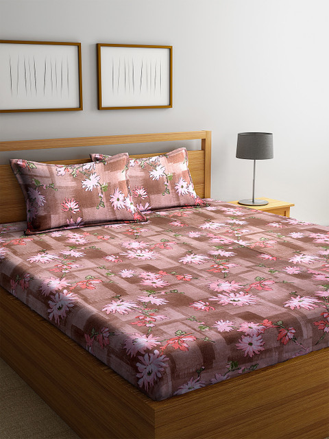 

Home Sizzler Brown & Pink Floral 144 TC Cotton 1 Extra Large Bedsheet with 2 Pillow Covers