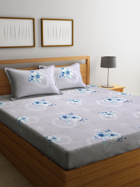 

Home Sizzler Grey & Blue Floral 144 TC Cotton 1 Extra Large Bedsheet with 2 Pillow Covers