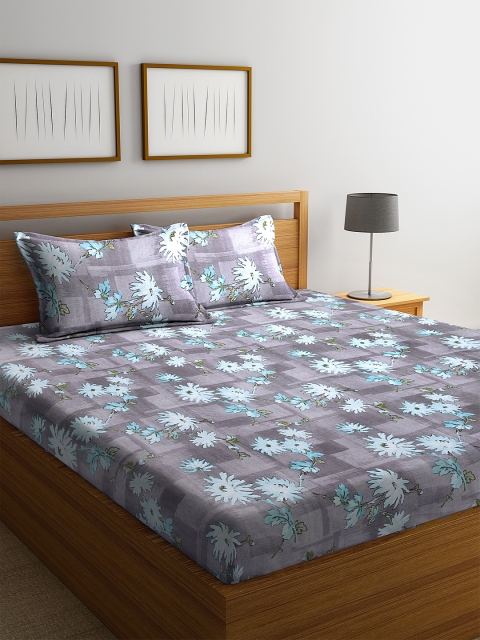 

Home Sizzler Grey & Blue Floral 144 TC Cotton 1 King Bedsheet with 2 Pillow Covers