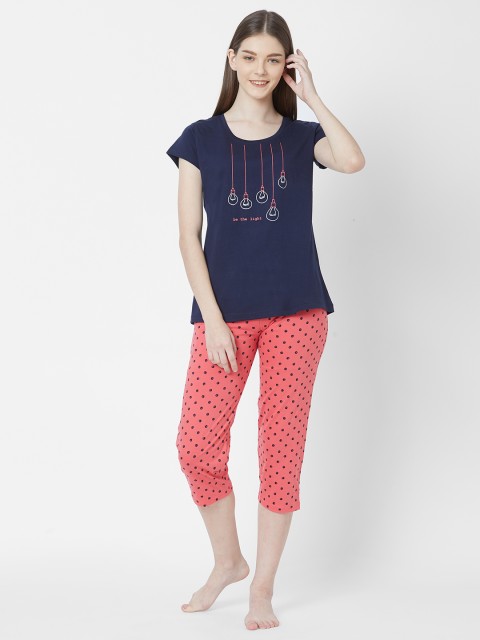 

Juliet Women Navy Blue & Pink Printed Night suit