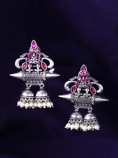 

Yellow Chimes Silver-Plated & Pink Dome Shaped Oxidized Jhumkas