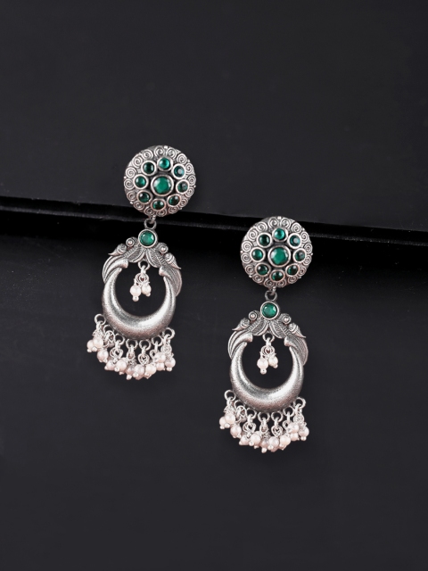 

Yellow Chimes Silver-Toned & Green Oxidised Crescent Shaped Drop Earrings
