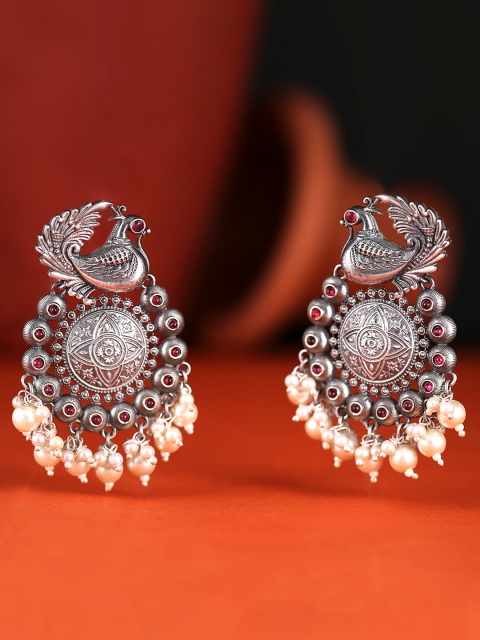 

Yellow Chimes Silver-Toned Peacock Shaped Chandbalis