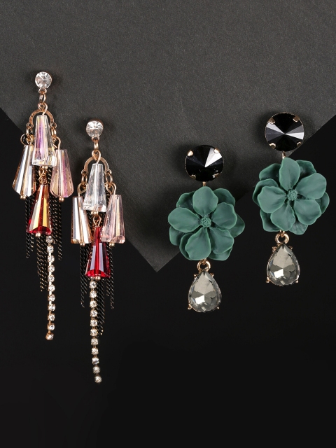 

Yellow Chimes Green & Red Pack of 2 Crystal Tassels and Floral Drop Earrings
