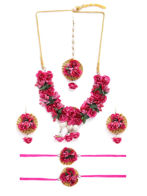 

Yellow Chimes Pink & Green Handcrafted Floral Jewellery Set with Bracelets