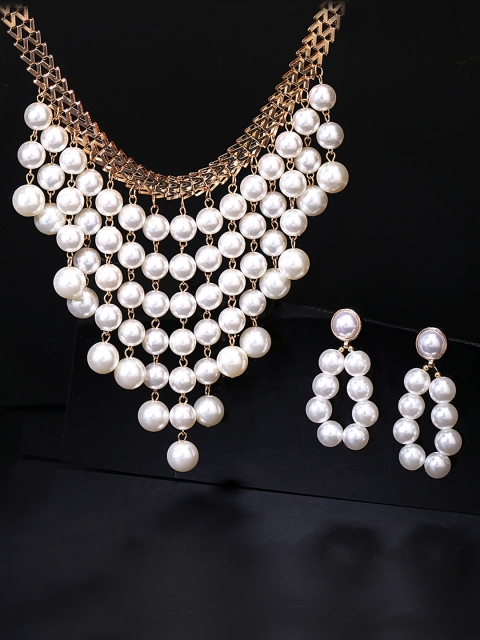 

Yellow Chimes White Gold-Plated Pearl Tasselled Jewellery Set