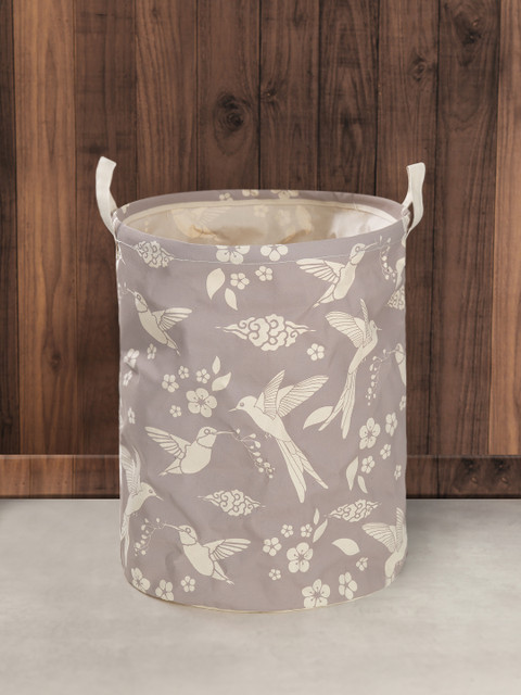 

India Circus by Krsnaa Mehta Grey & Off-White Printed Flock Of Birds Round Laundry Bag