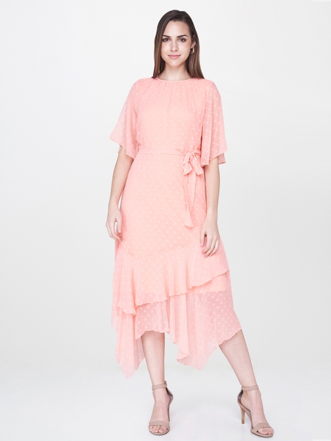 

AND Women Peach-Coloured Self Design Fit and Flare Dress
