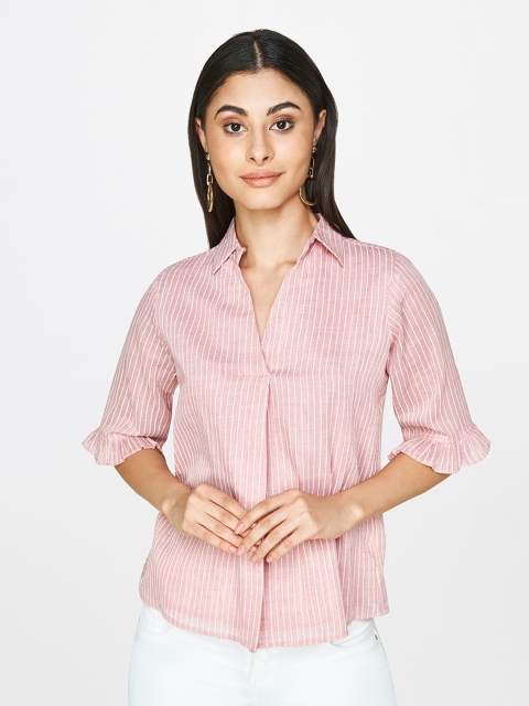 

And Pink Striped Bell Sleeves Shirt Style Top
