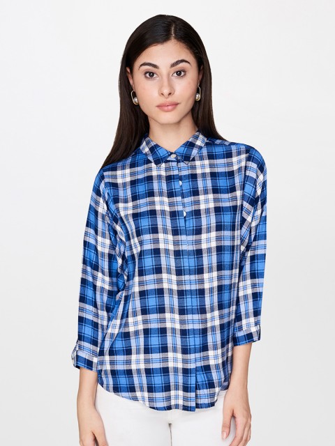

AND Women Blue Checked Shirt Style Top