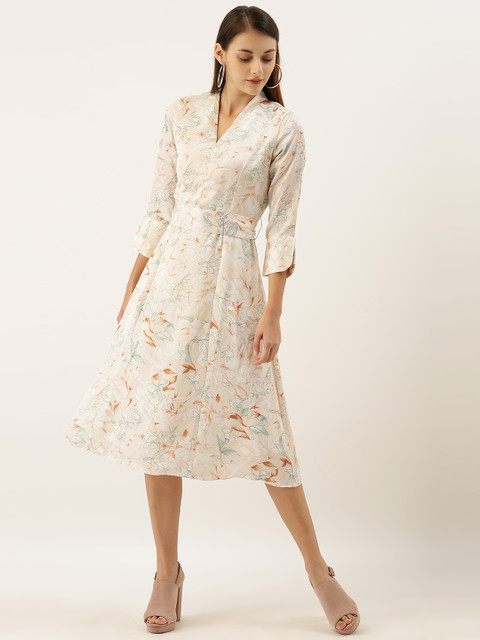 

AND Women Beige Printed Waist Tie-Up Fit and Flare Dress