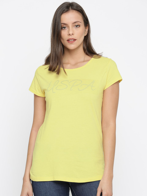 

U.S. Polo Assn. Women Yellow Embellished Pure Cotton T-shirt