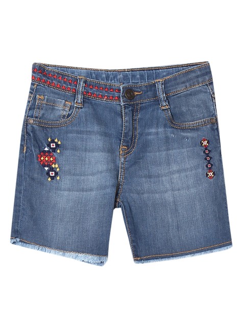 

Cherokee Girls Blue Washed Slim Fit Embroidered Raw Hem Denim Shorts