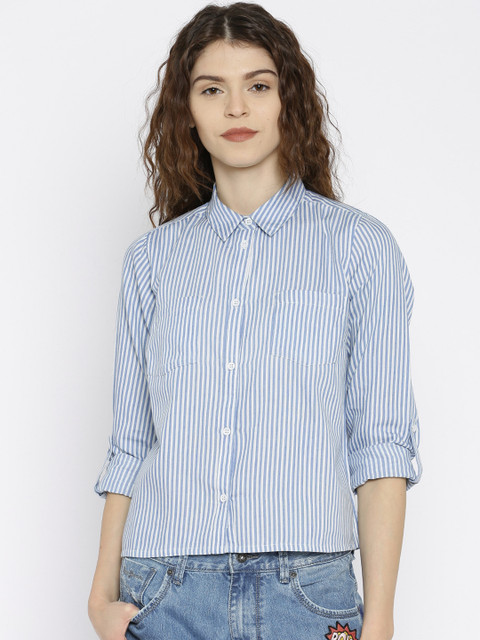 

ONLY Women Blue & White Striped Cropped Shirt