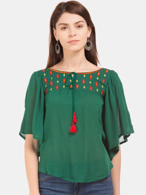 

Bronz Women Green Embroidered Top