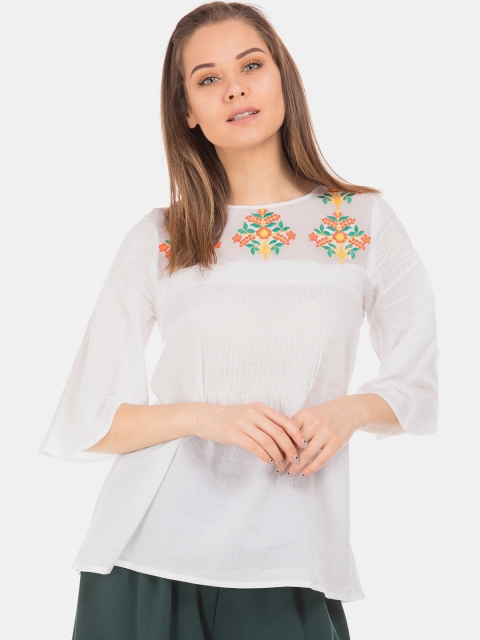

Bronz Women White Floral Embroidered Pure Cotton Top