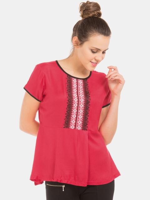 

Bronz Women Red Embroidered Peplum Top