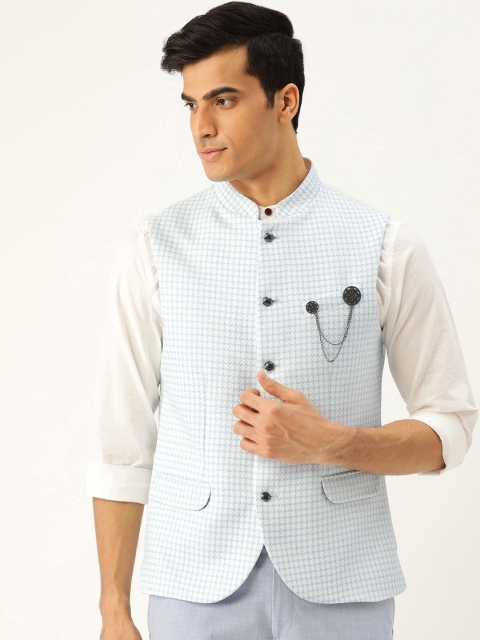 

Blackberrys Men Off White & Blue Slim Fit Checked Nehru Jacket