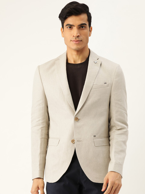 

Blackberrys Men Beige Slim Fit Linen Self-Design Single-Breasted Smart Casual Blazer
