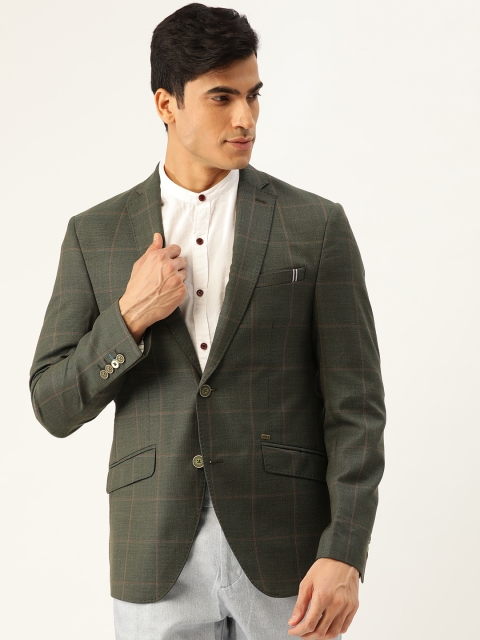

Blackberrys Men Olive Green Slim Fit Checked Single-Breasted Smart Casual Blazer